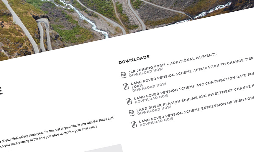 jaguar landrover pensions website design downloads section colab digital